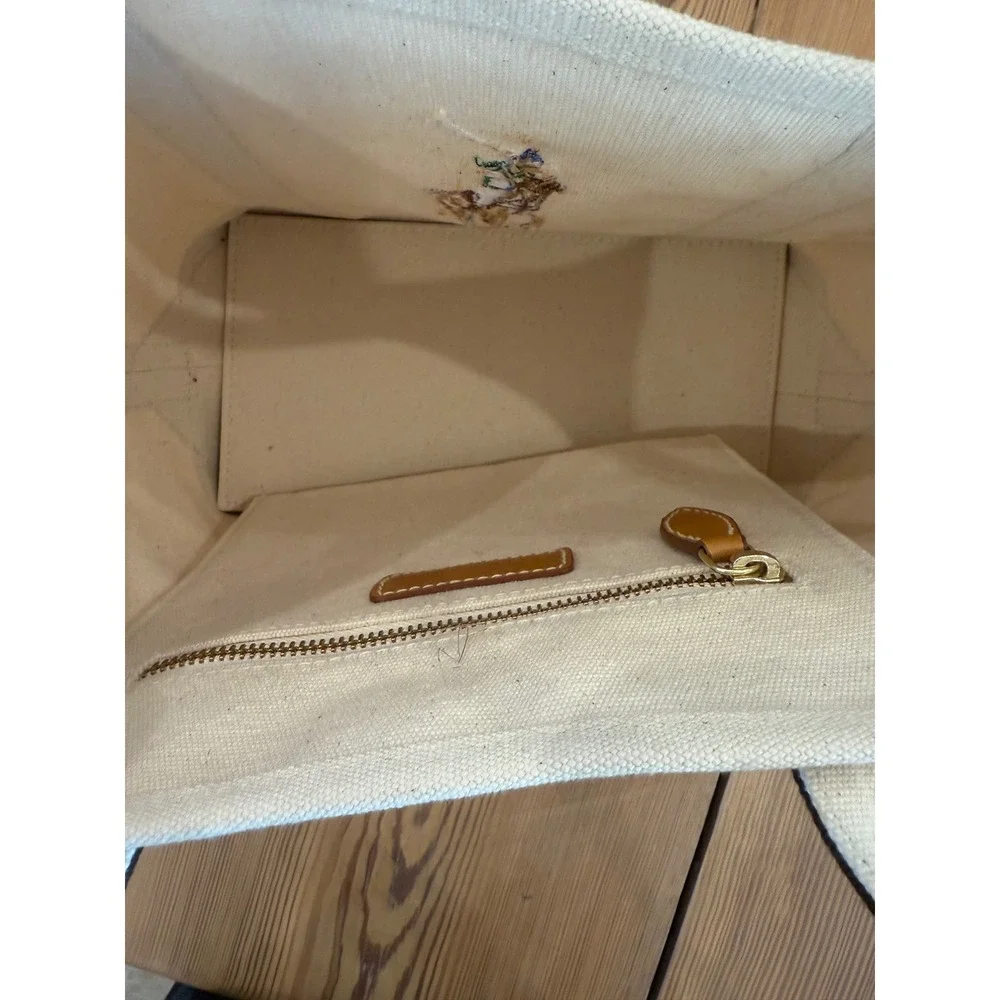 NWT Ralph Lauren Canvas Tote Bag Horse Embroidery Purse Handbag Brown Accents - Picture 5 of 9